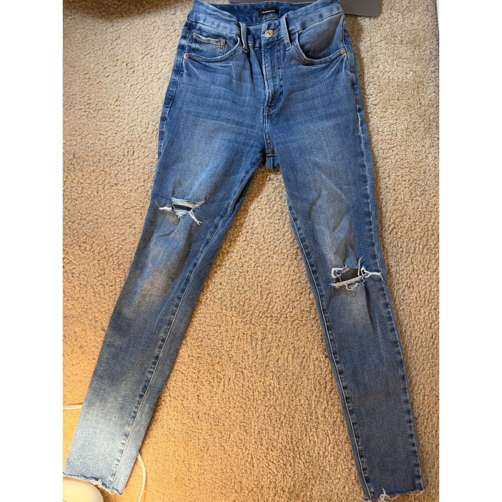 Express Women's High Rise Ripped Skinny Jeans Size S 0 2 4 Blue Denim Frayed Hem
